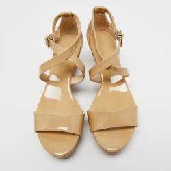 Jimmy Choo Beige Patent Leather Cork Wedge Cross Strap Sandals Size 38.5 
