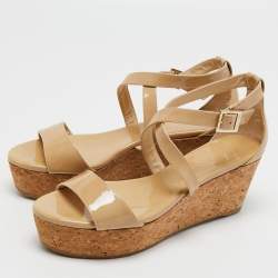 Jimmy Choo Beige Patent Leather Cork Wedge Cross Strap Sandals Size 38.5 