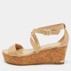 Jimmy Choo Beige Patent Leather Cork Wedge Cross Strap Sandals Size 38.5 