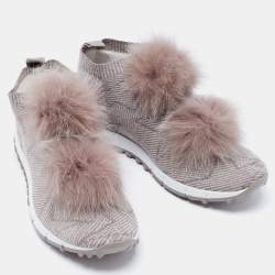 Pre Owned Jimmy Choo Grey/Pink Stretch Fabric and Fur Norway Sneakers Size 40