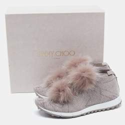 Pre Owned Jimmy Choo Grey/Pink Stretch Fabric and Fur Norway Sneakers Size 40