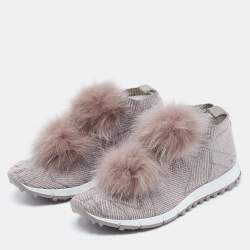 Pre Owned Jimmy Choo Grey/Pink Stretch Fabric and Fur Norway Sneakers Size 40