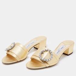 Pre Owned Jimmy Choo Gold Leather Crystal Embellished Slide Sandals Size 37