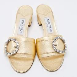 Pre Owned Jimmy Choo Gold Leather Crystal Embellished Slide Sandals Size 37