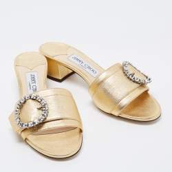 Pre Owned Jimmy Choo Gold Leather Crystal Embellished Slide Sandals Size 37