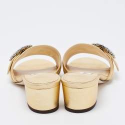 Pre Owned Jimmy Choo Gold Leather Crystal Embellished Slide Sandals Size 37