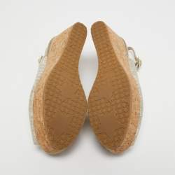 Pre Owned Jimmy Choo Light Gold/Grey Textured Suede Praise Wedge Slingback Sandals Size 36.5