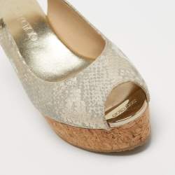 Pre Owned Jimmy Choo Light Gold/Grey Textured Suede Praise Wedge Slingback Sandals Size 36.5