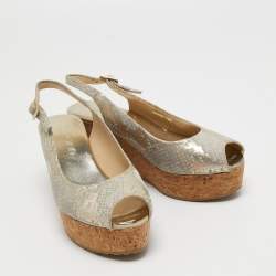 Pre Owned Jimmy Choo Light Gold/Grey Textured Suede Praise Wedge Slingback Sandals Size 36.5