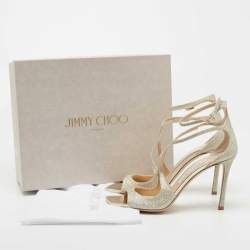مملوكة مسبقًا Jimmy Choo Metallic Silver Glitter and Leather Sandals Size 40