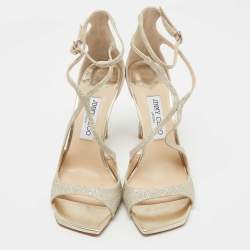 مملوكة مسبقًا Jimmy Choo Metallic Silver Glitter and Leather Sandals Size 40