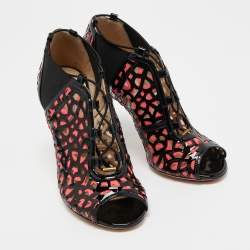 Pre Owned Jimmy Choo Black/Pink Mesh and Patent Leather Boots Size 37