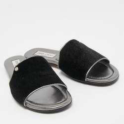 Pre Owned Jimmy Choo Silver Glitter Velvet and Leather  Nanda Slides Size 39