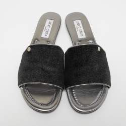 Pre Owned Jimmy Choo Silver Glitter Velvet and Leather  Nanda Slides Size 39