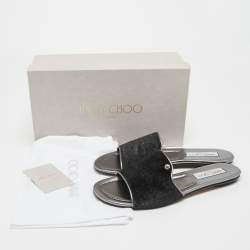 Pre Owned Jimmy Choo Silver Glitter Velvet and Leather  Nanda Slides Size 39