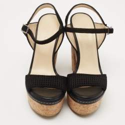 Pre Owned Jimmy Choo Black Textured Suede Naylor Cork Platform Sandals Size 35