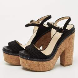 Pre Owned Jimmy Choo Black Textured Suede Naylor Cork Platform Sandals Size 35
