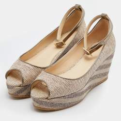 Pre Owned Jimmy Choo Metallic Woven Fabric and Leather Platform Pumps Size 36.5