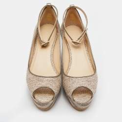 Pre Owned Jimmy Choo Metallic Woven Fabric and Leather Platform Pumps Size 36.5