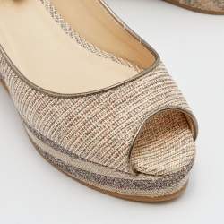 Pre Owned Jimmy Choo Metallic Woven Fabric and Leather Platform Pumps Size 36.5