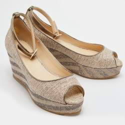 Pre Owned Jimmy Choo Metallic Woven Fabric and Leather Platform Pumps Size 36.5