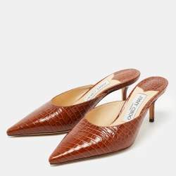 Pre Owned Jimmy Choo Brown Croc Embossed Leather Rav Mules Size 36.5  