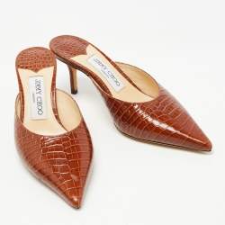 Pre Owned Jimmy Choo Brown Croc Embossed Leather Rav Mules Size 36.5  