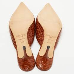 Pre Owned Jimmy Choo Brown Croc Embossed Leather Rav Mules Size 36.5  