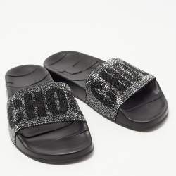 Jimmy Choo Black Crystal Embellished Suede Rey Slides Size 35