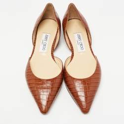 Pre Owned Jimmy Choo Brown Croc Embossed Leather D'orsay Ballet Flats Size 37.5