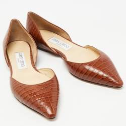 Pre Owned Jimmy Choo Brown Croc Embossed Leather D'orsay Ballet Flats Size 37.5