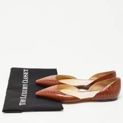 Pre Owned Jimmy Choo Brown Croc Embossed Leather D'orsay Ballet Flats Size 37.5