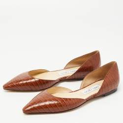 Pre Owned Jimmy Choo Brown Croc Embossed Leather D'orsay Ballet Flats Size 37.5