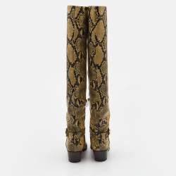 Pre Owned Jimmy Choo Beige/Black Python Embossed Leather Knee Length Boots Size 39