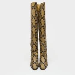 Pre Owned Jimmy Choo Beige/Black Python Embossed Leather Knee Length Boots Size 39