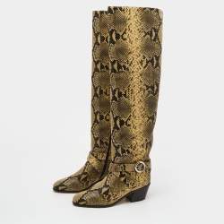 Pre Owned Jimmy Choo Beige/Black Python Embossed Leather Knee Length Boots Size 39