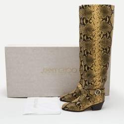 Pre Owned Jimmy Choo Beige/Black Python Embossed Leather Knee Length Boots Size 39