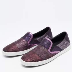 Jimmy Choo Metallic Purple Lace Embroidered Leather Demi Slip On Sneakers Size 40