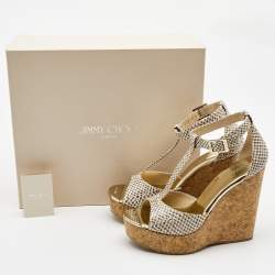 Jimmy Choo Cream/Beige Python Embossed Leather Wedge Sandals Size 37.5