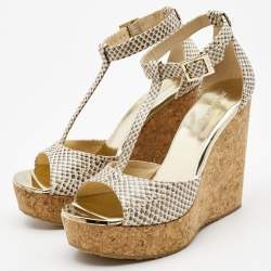 Jimmy Choo Cream/Beige Python Embossed Leather Wedge Sandals Size 37.5