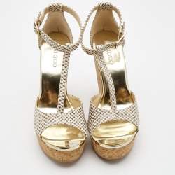 Jimmy Choo Cream/Beige Python Embossed Leather Wedge Sandals Size 37.5