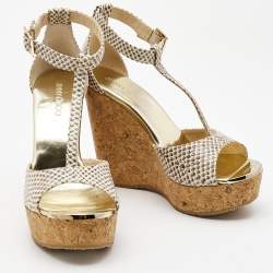 Jimmy Choo Cream/Beige Python Embossed Leather Wedge Sandals Size 37.5