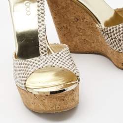 Jimmy Choo Cream/Beige Python Embossed Leather Wedge Sandals Size 37.5