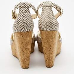 Jimmy Choo Cream/Beige Python Embossed Leather Wedge Sandals Size 37.5
