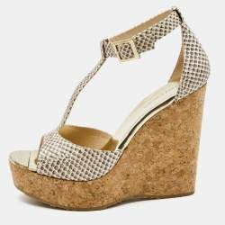 Jimmy Choo Cream/Beige Python Embossed Leather Wedge Sandals Size 37.5
