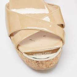 Pre Owned Jimmy Choo Beige Patent Leather Prima Cork Wedge Sandals Size 38