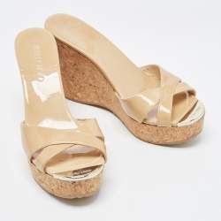 Pre Owned Jimmy Choo Beige Patent Leather Prima Cork Wedge Sandals Size 38