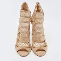 Pre Owned Jimmy Choo Beige Lace And Suede Open Toe Ankle Boots Size 36