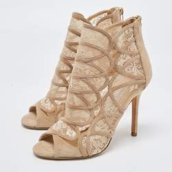 Pre Owned Jimmy Choo Beige Lace And Suede Open Toe Ankle Boots Size 36