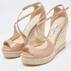 مملوكة مسبقًا Jimmy Choo Beige Leather Studded Wedge Espadrille Ankle Strap Sandals Size 40